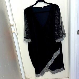 Embellished Sparkly Black Velvet Mini Cocktail Party Dress Mesh Sleeves 5XL